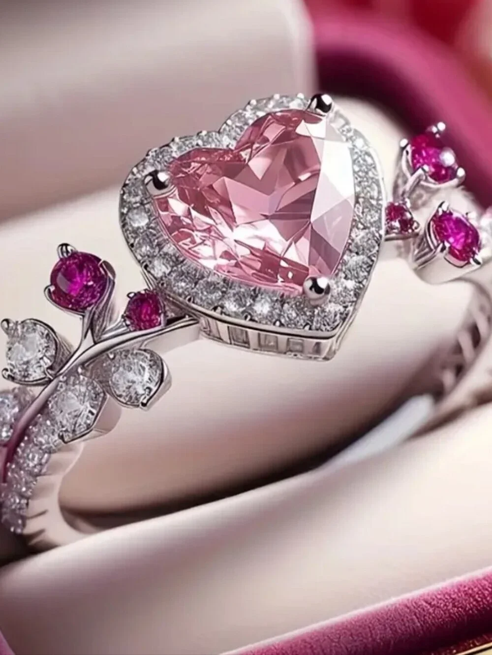 Vintage-Inspired Pink Sapphire Heart Statement Ring Size 8